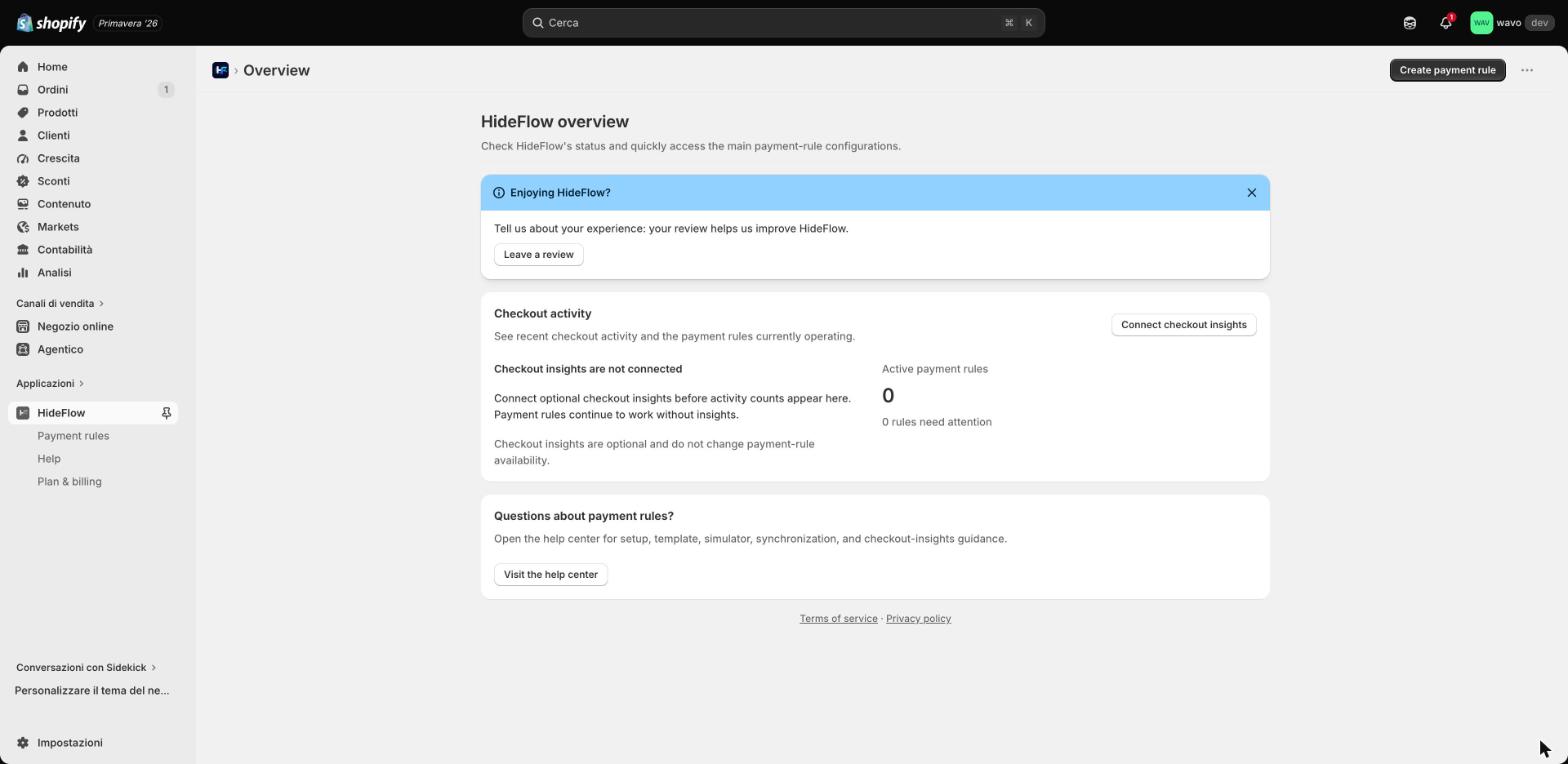 Dashboard di HideFlow nell'admin Shopify